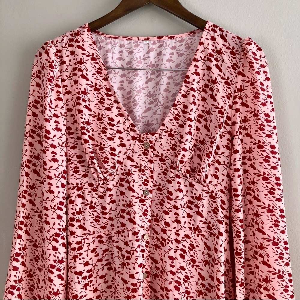 Vintage Floral Button Front Maxi Dress Pink Red Long Sleeve Women’s Small - Picture 3 of 14